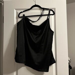Black satin asymmetrical cowl neck shirt